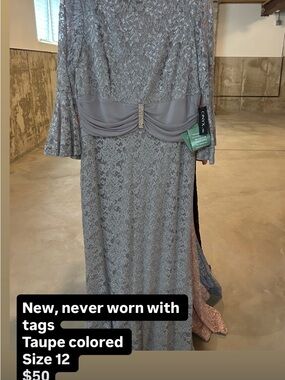 Onyx Nite Taupe Lace Long-Sleeve Evening Gown with Rhinestone Waist